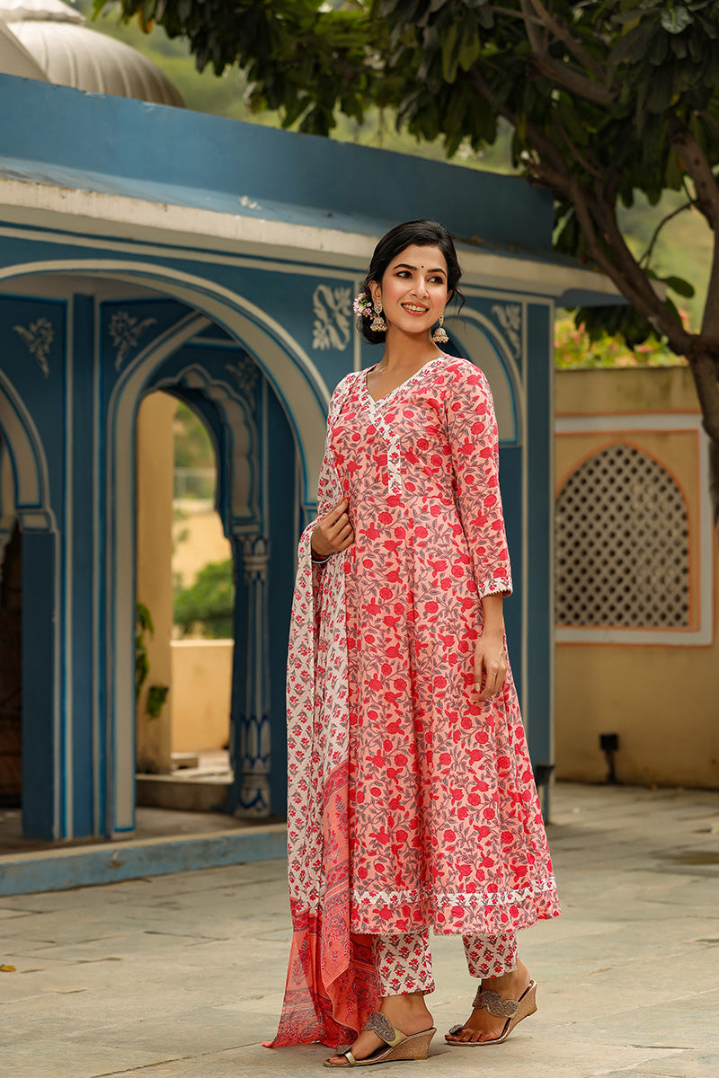 Pink Cotton Anarkali Suit Set | SHOBITAM