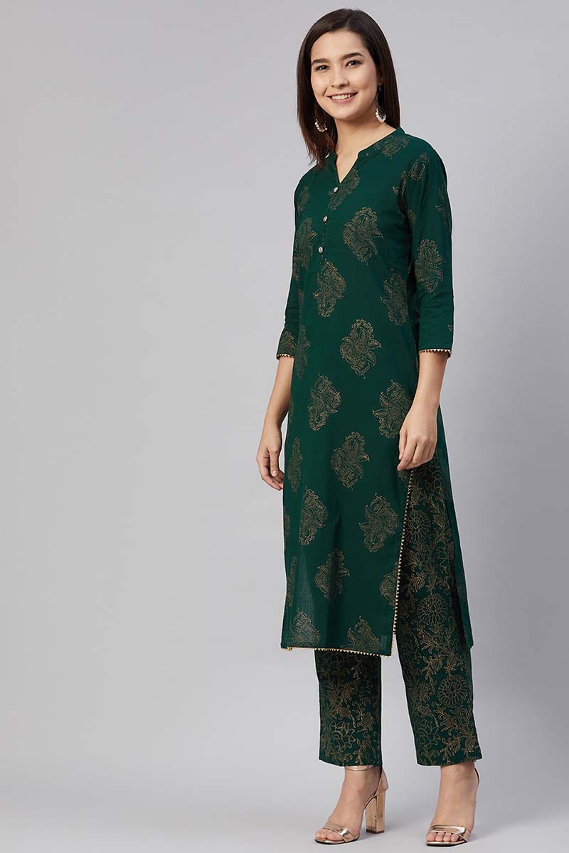 Women Cotton Green Ethnic Motifs Printed Straight Kurta Pant Dupatta Set | SHOBITAM
