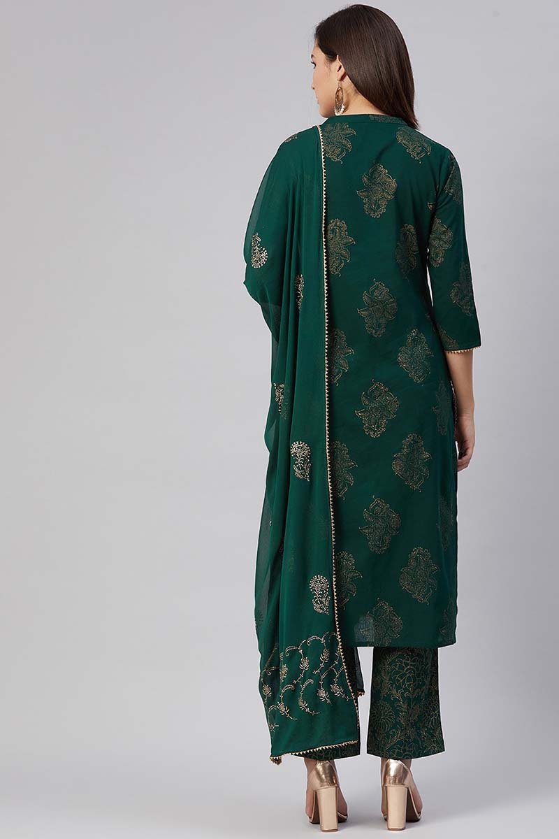 Women Cotton Green Ethnic Motifs Printed Straight Kurta Pant Dupatta Set | SHOBITAM