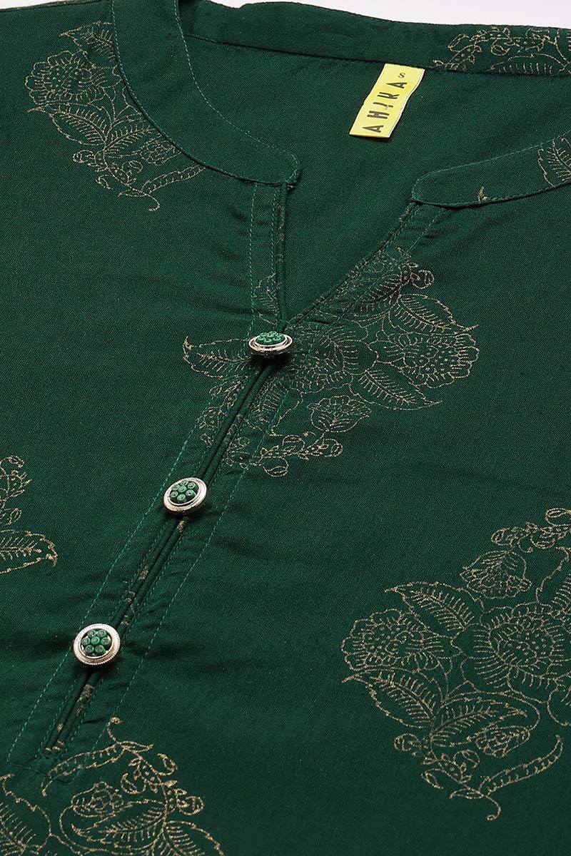 Women Cotton Green Ethnic Motifs Printed Straight Kurta Pant Dupatta Set | SHOBITAM