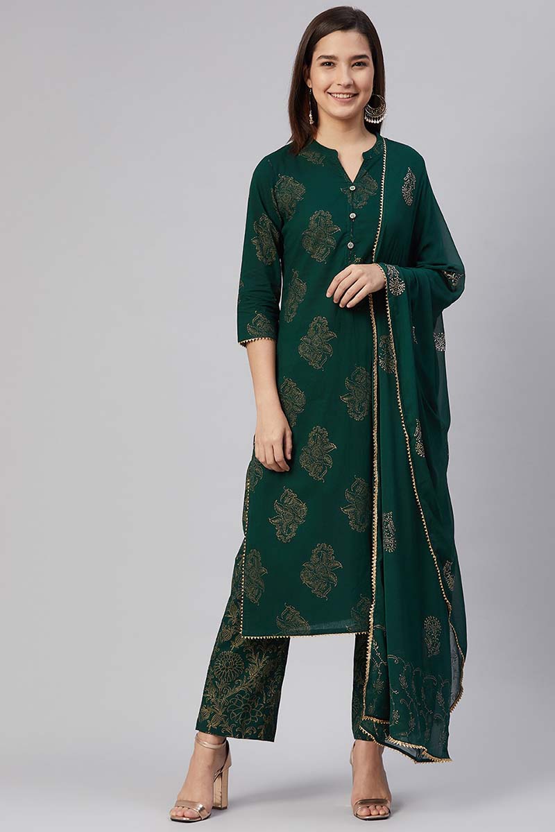 Women Cotton Green Ethnic Motifs Printed Straight Kurta Pant Dupatta Set | SHOBITAM