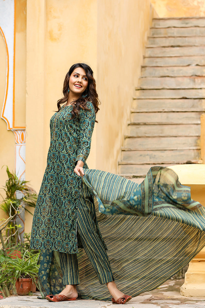 Green Rayon Blend Ethnic Motifs Suit Set | SHOBITAM