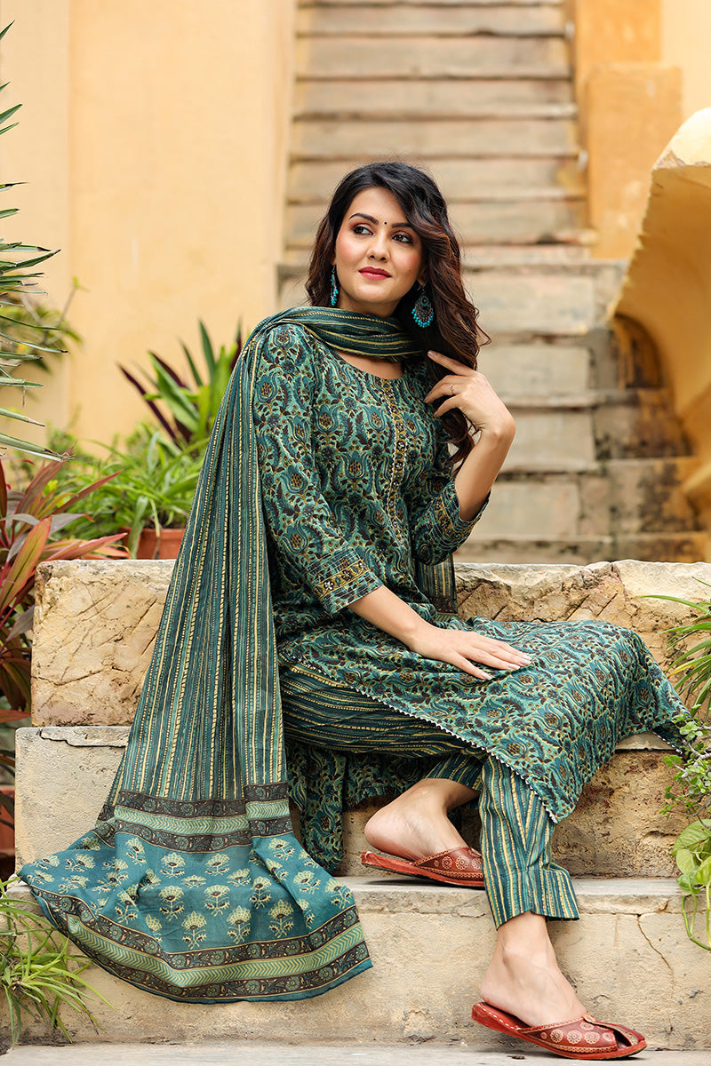 Green Rayon Blend Ethnic Motifs Suit Set | SHOBITAM