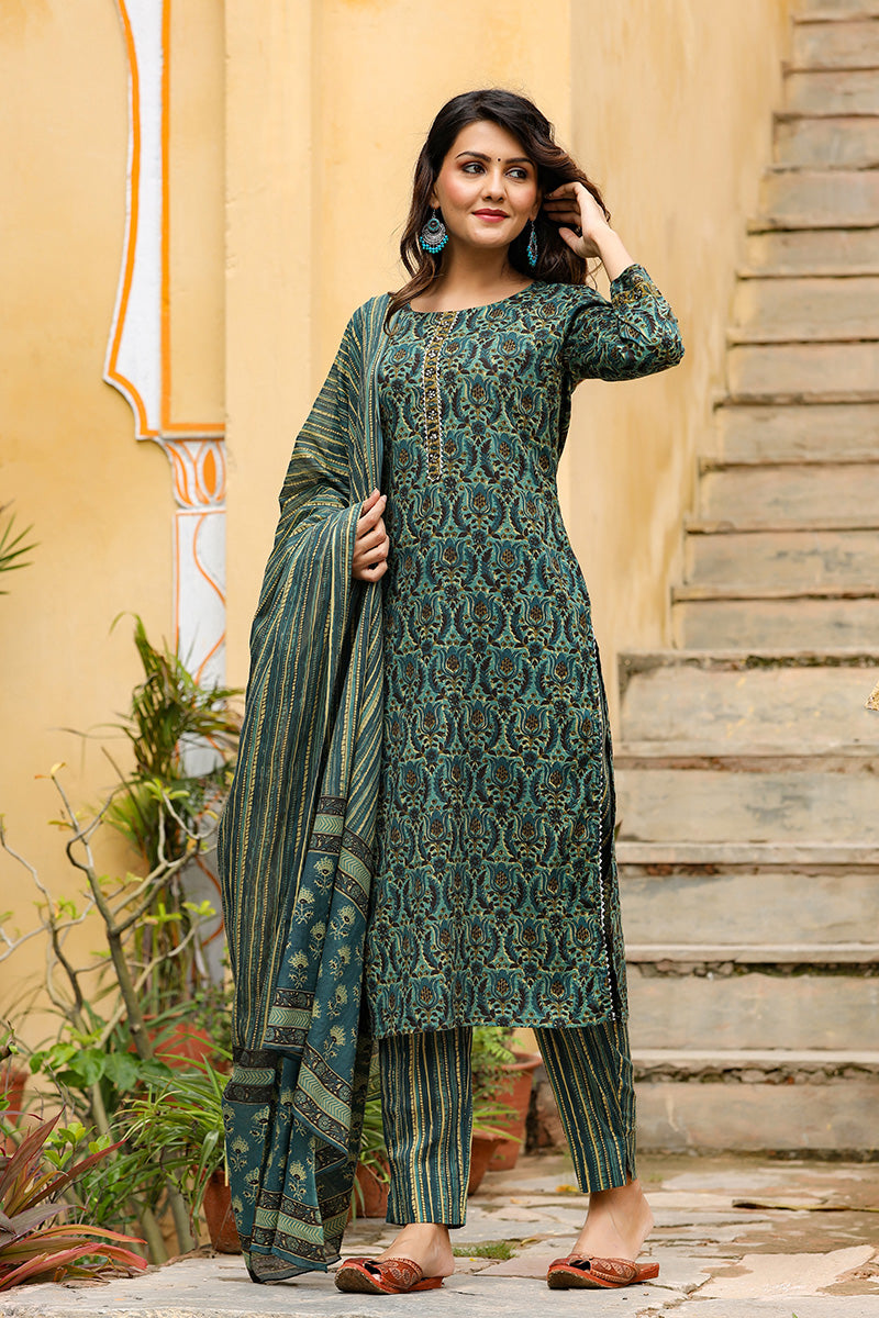 Green Rayon Blend Ethnic Motifs Suit Set | SHOBITAM