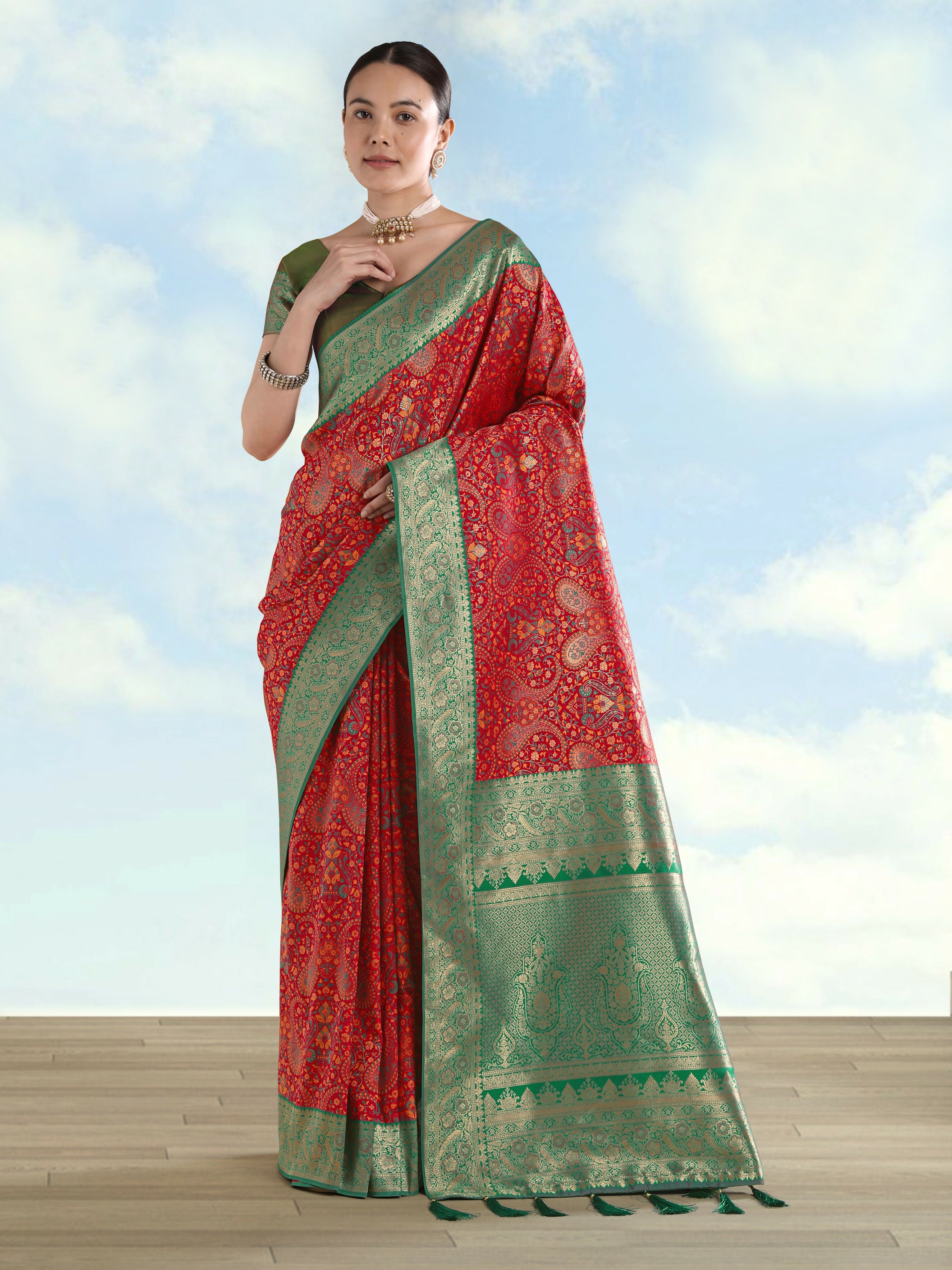 Red Banarasi Semi Silk Saree With Traditional Paisley Weaves | Shobitam