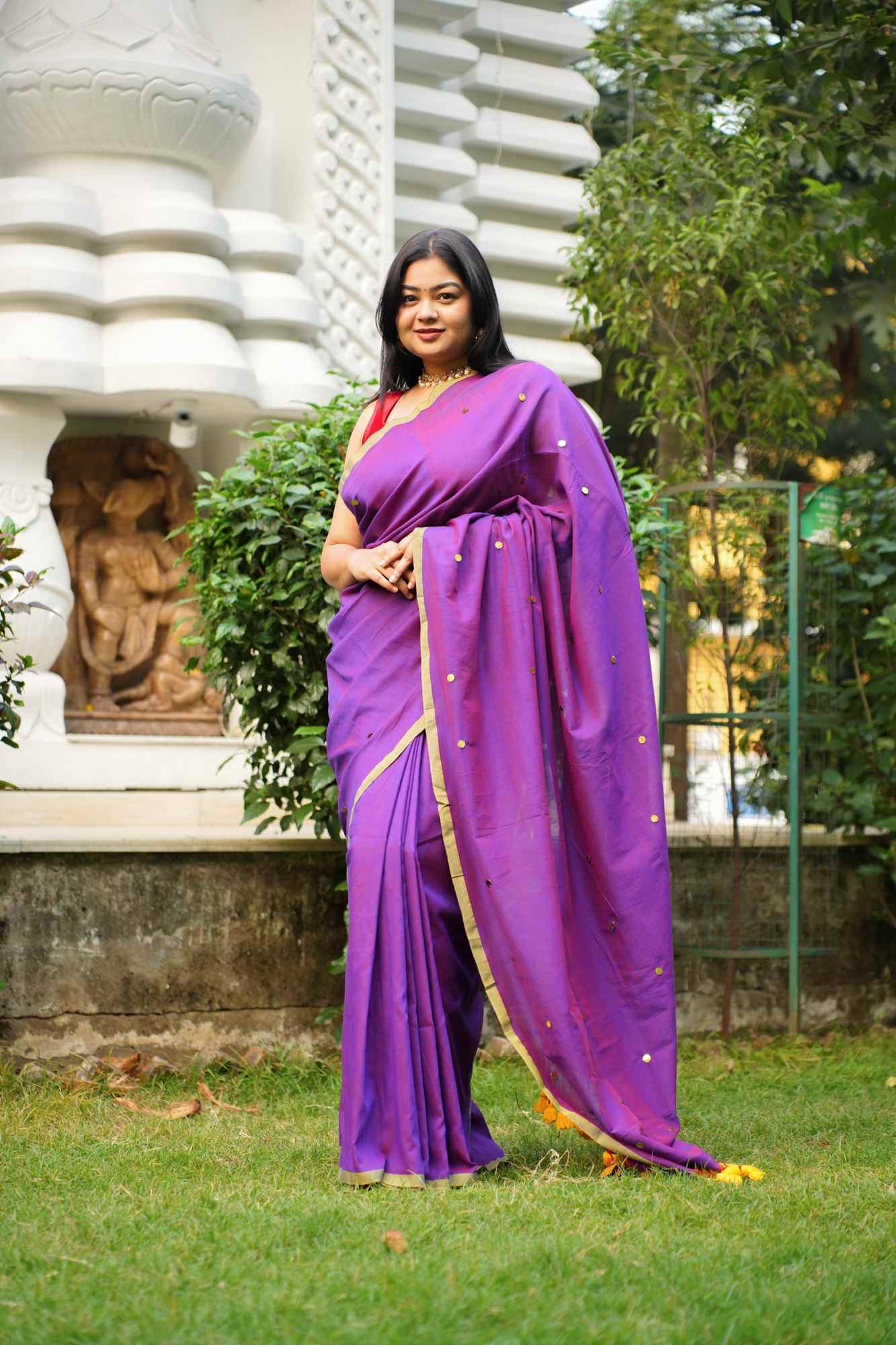 Color of royalty with handwoven Tikki all over - prestitched cotton silk saree