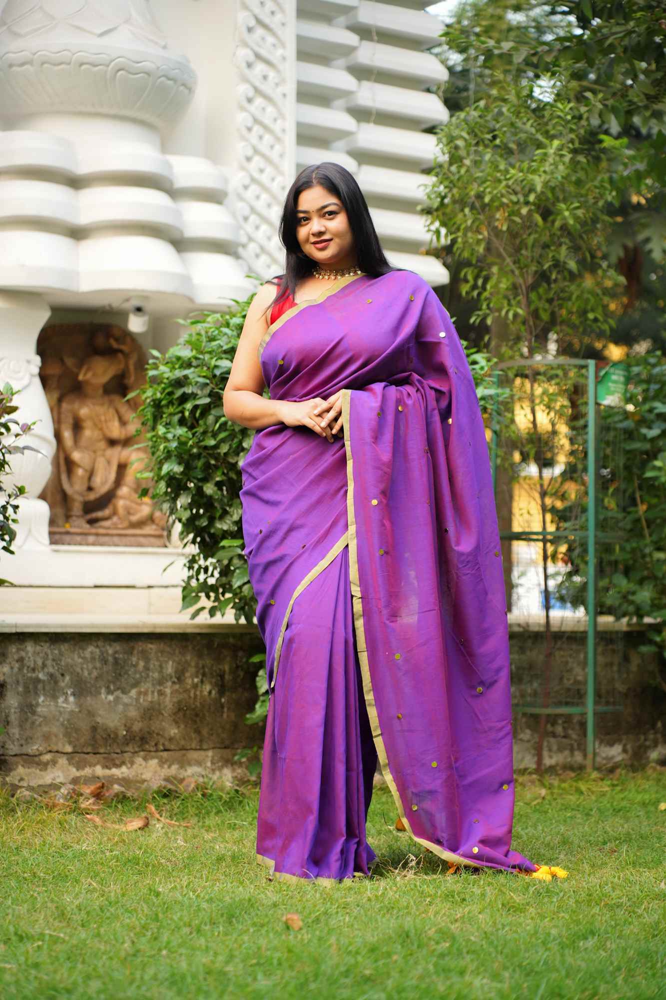 Color of royalty with handwoven Tikki all over - prestitched cotton silk saree