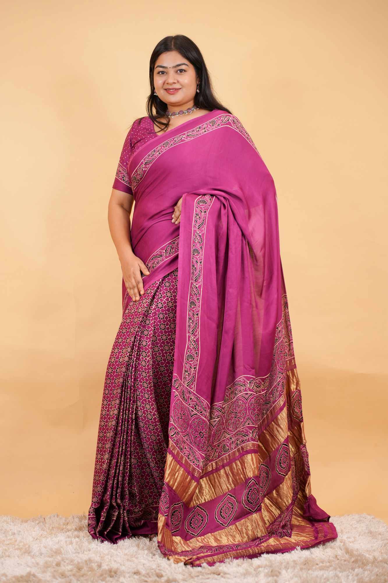 Exquisite Designer Pure Modal Silk Hand Block Ajrakh Printed Saree with Golden Zari Border Wrap in one minute saree
