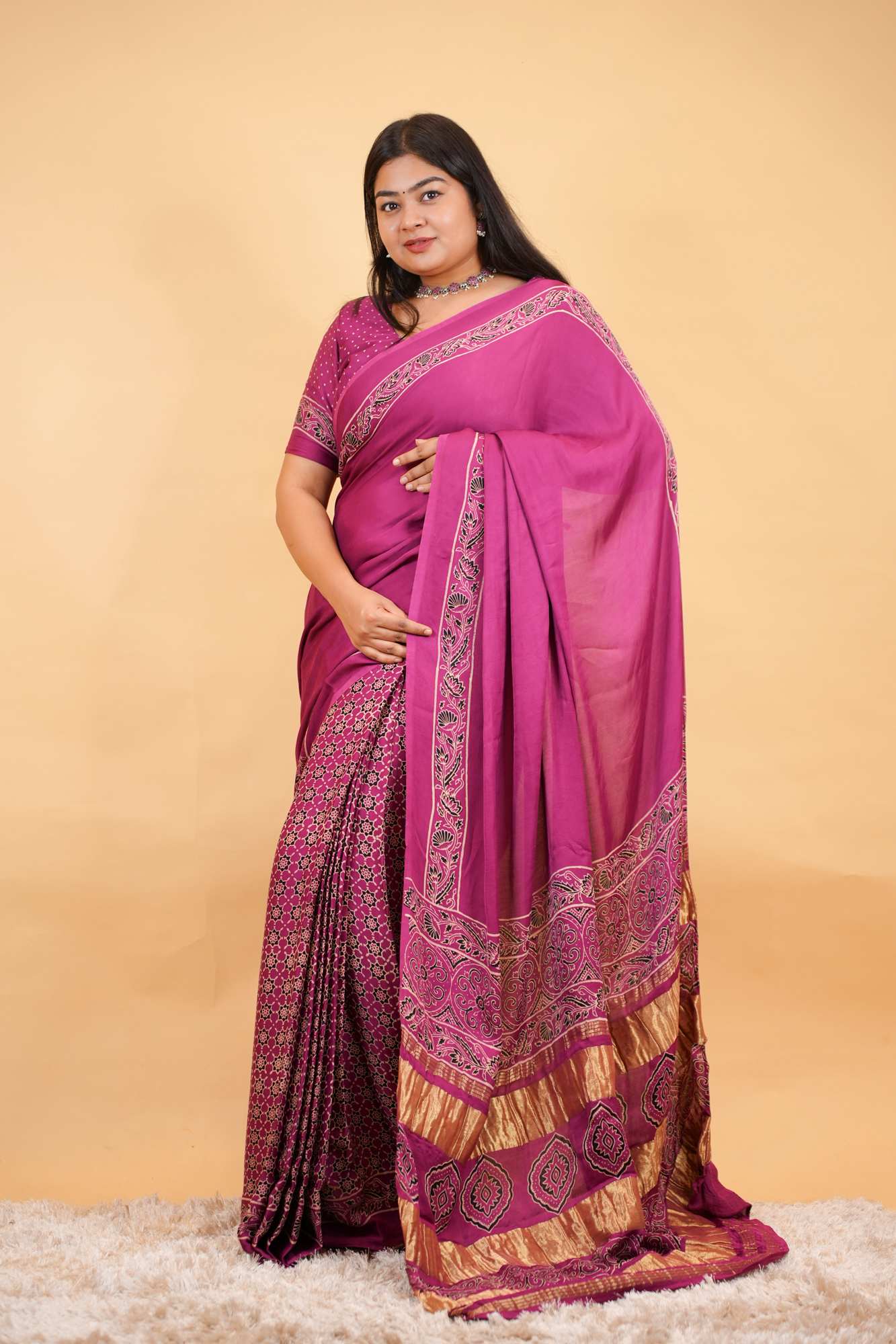 Exquisite Designer Pure Modal Silk Hand Block Ajrakh Printed Saree with Golden Zari Border Wrap in one minute saree