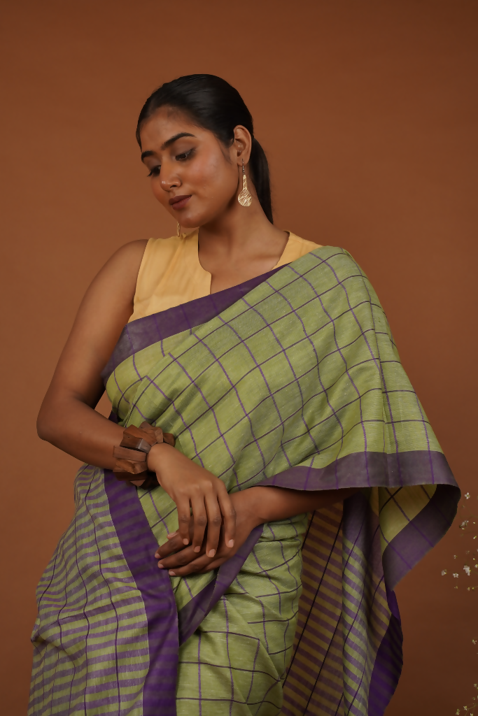 Vanika Rekha Handwoven Olive Green Cotton Saree  | SHOBITAM