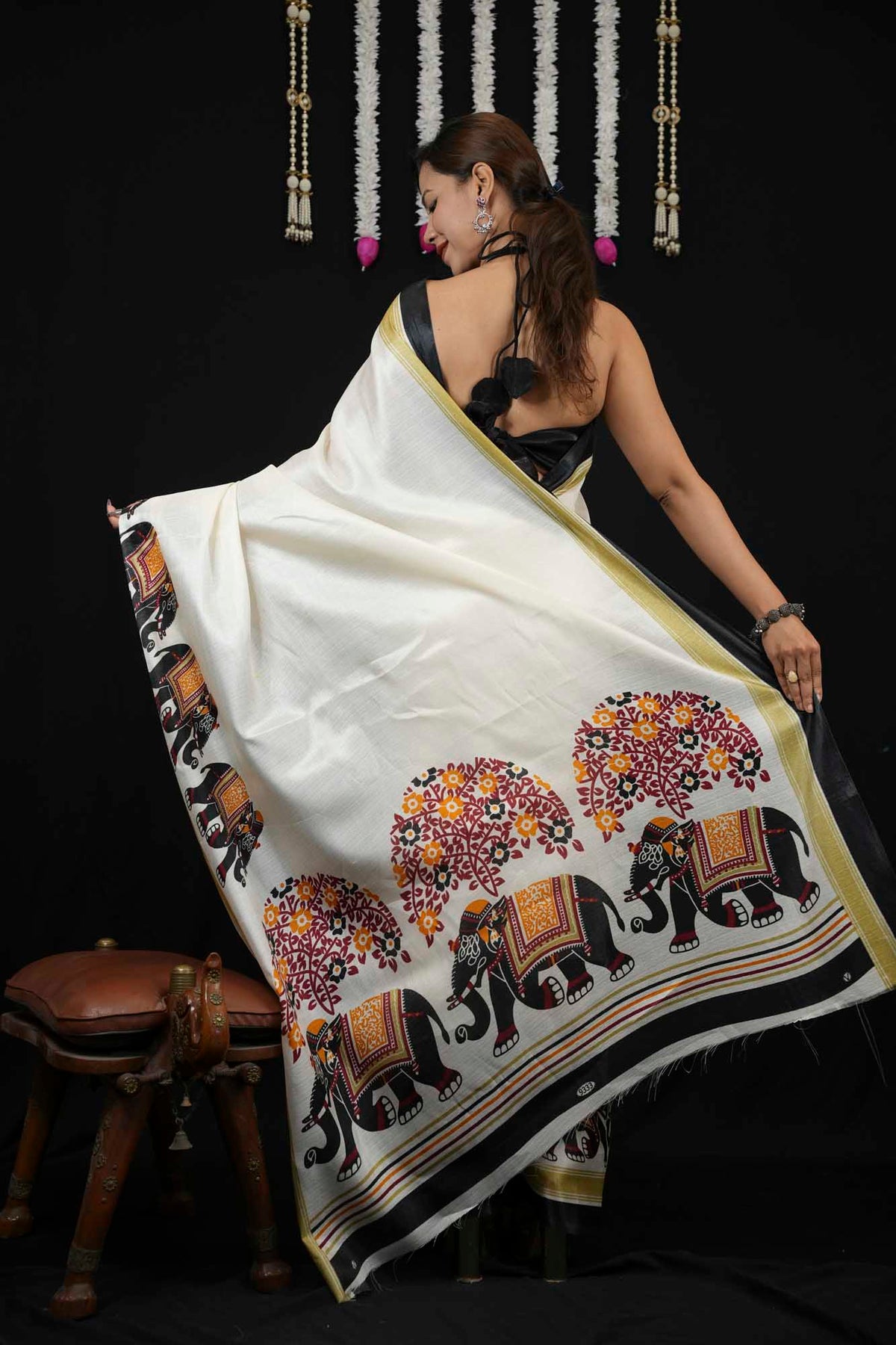 Elegant Off-White Cotton Silk  with Traditional Elephant Print Border Ready To Wear Saree