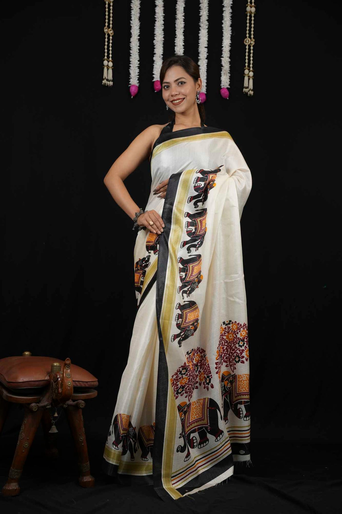 Elegant Off-White Cotton Silk  with Traditional Elephant Print Border Ready To Wear Saree
