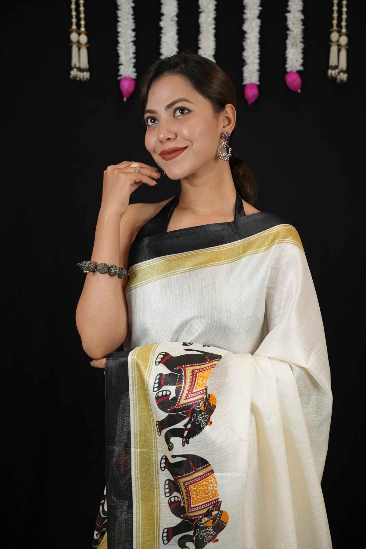 Elegant Off-White Cotton Silk  with Traditional Elephant Print Border Ready To Wear Saree