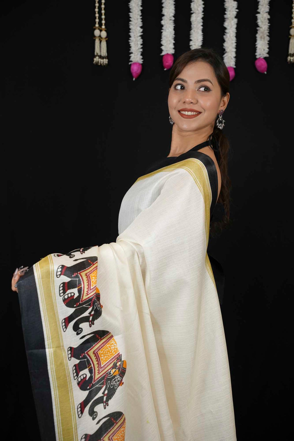 Elegant Off-White Cotton Silk  with Traditional Elephant Print Border Ready To Wear Saree