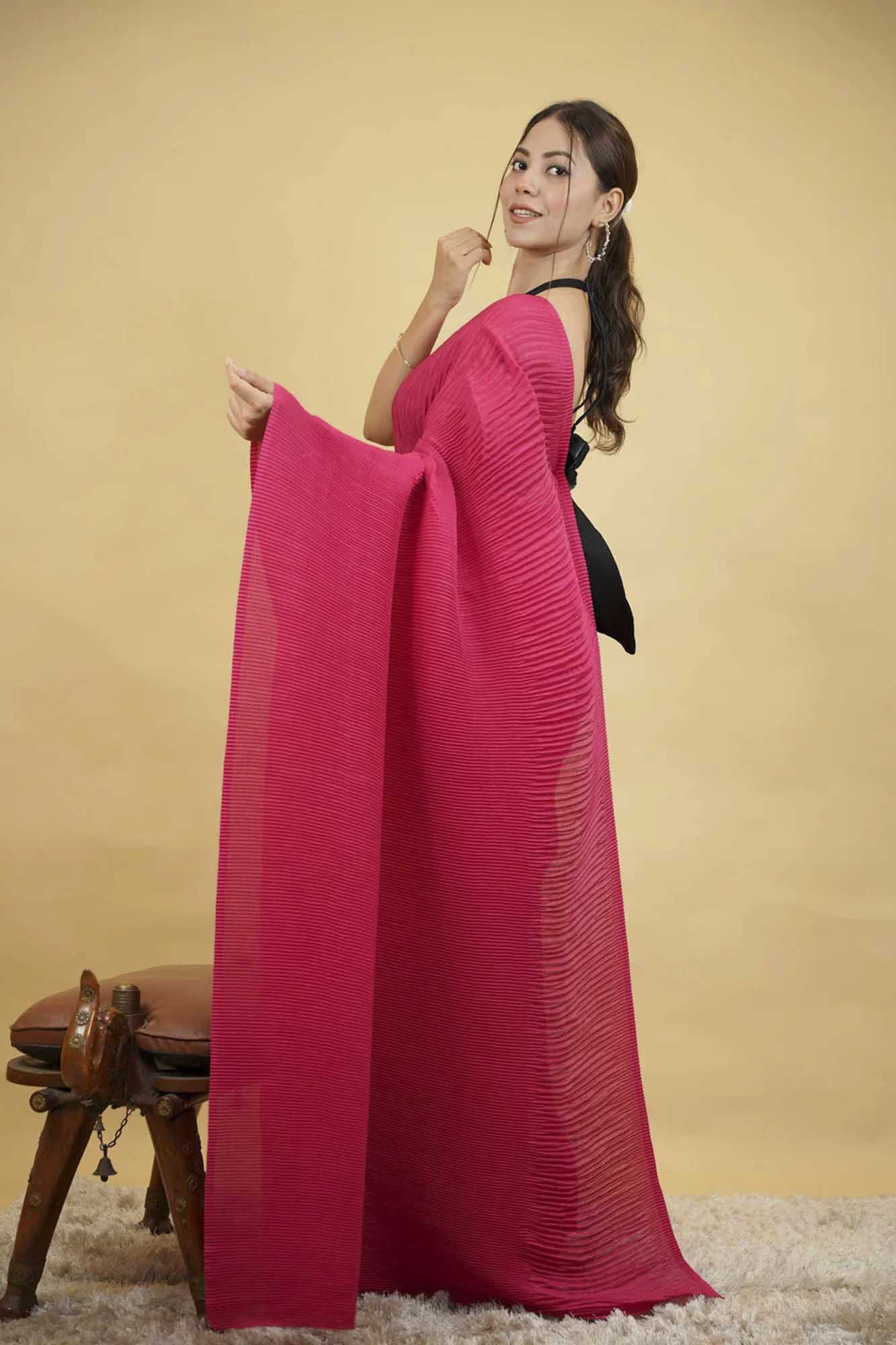 parineeti crushed/ crinkle pleated semi silk Ready  To Wear Saree