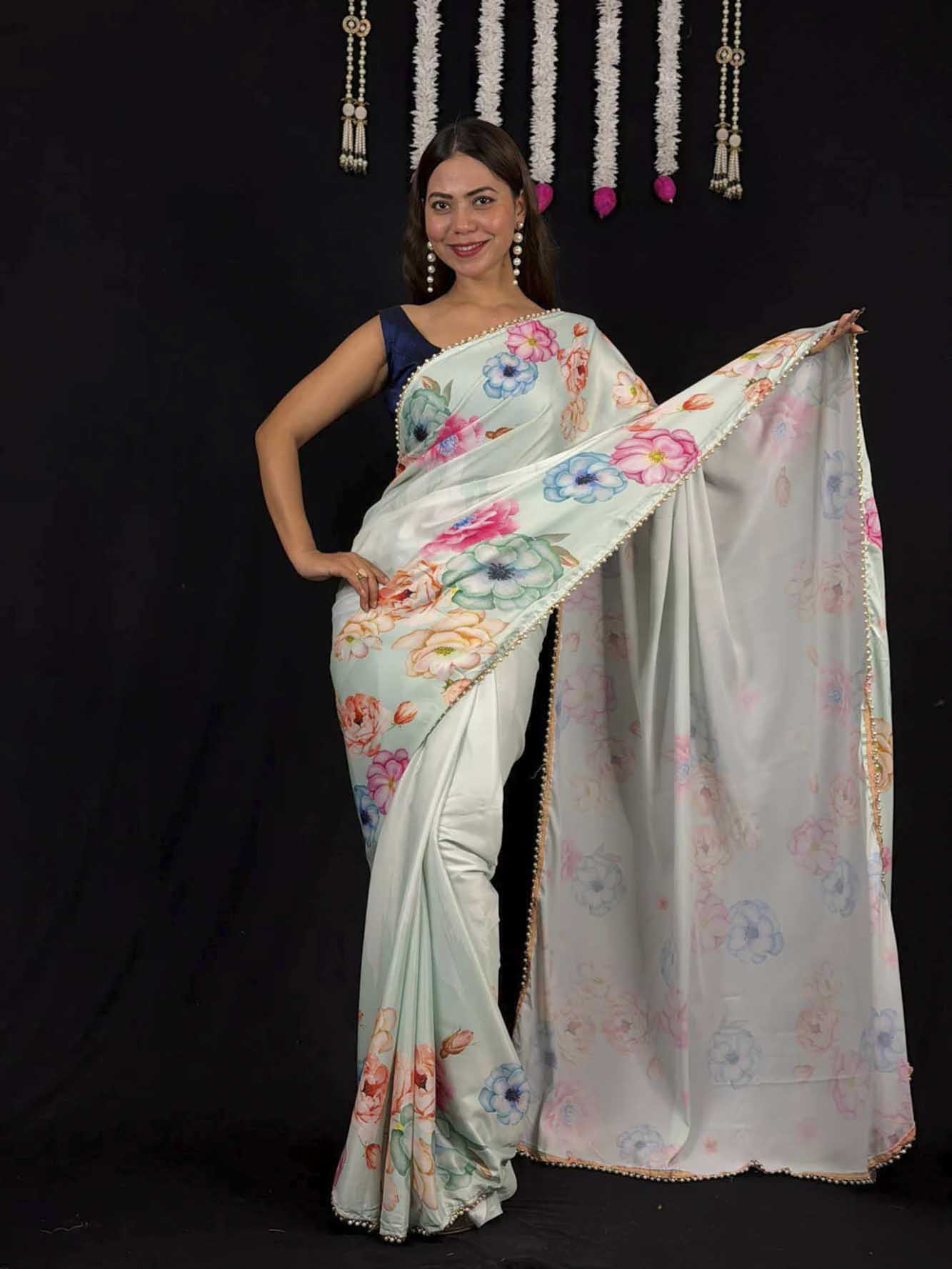 Ready To Wear Saree Floral Printed Soft Satin With Moti Lace