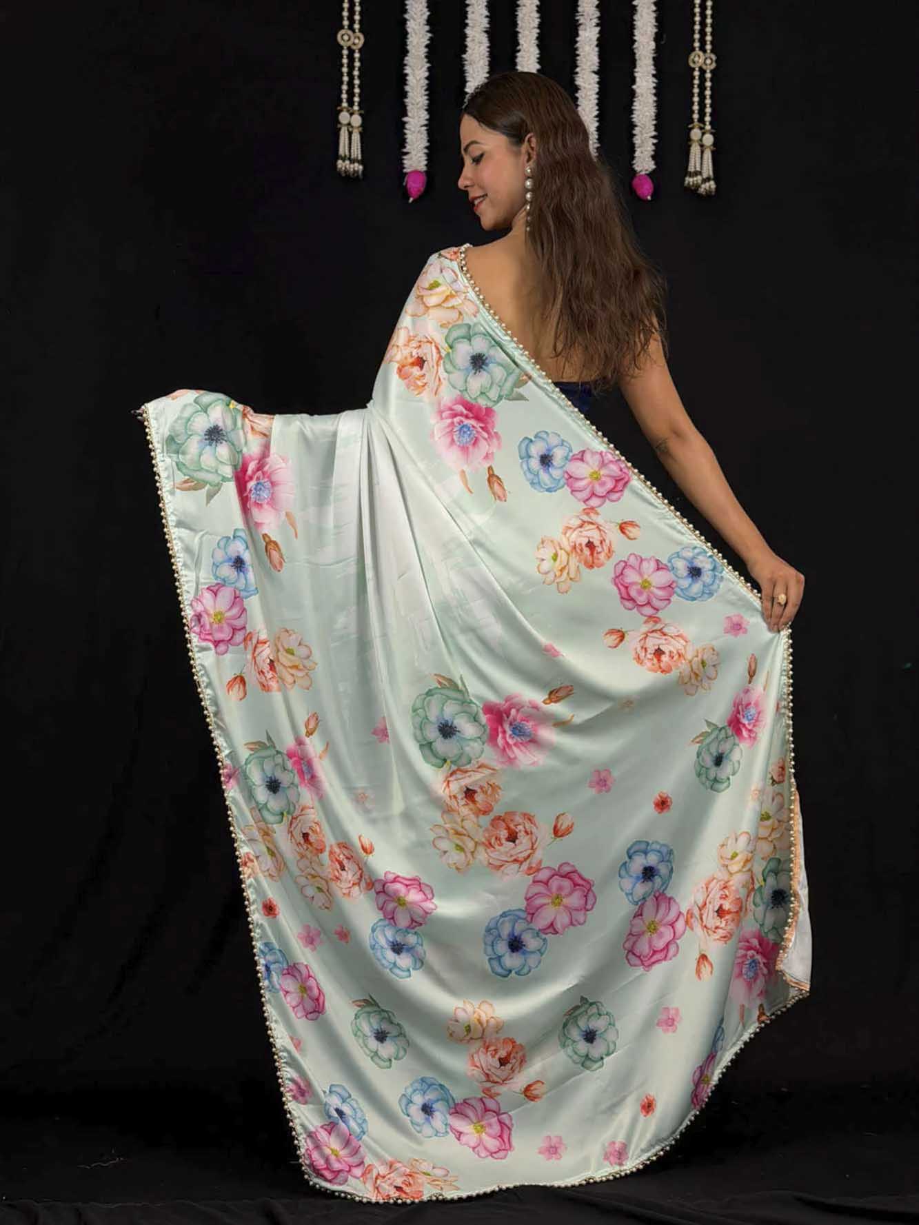 Ready To Wear Saree Floral Printed Soft Satin With Moti Lace