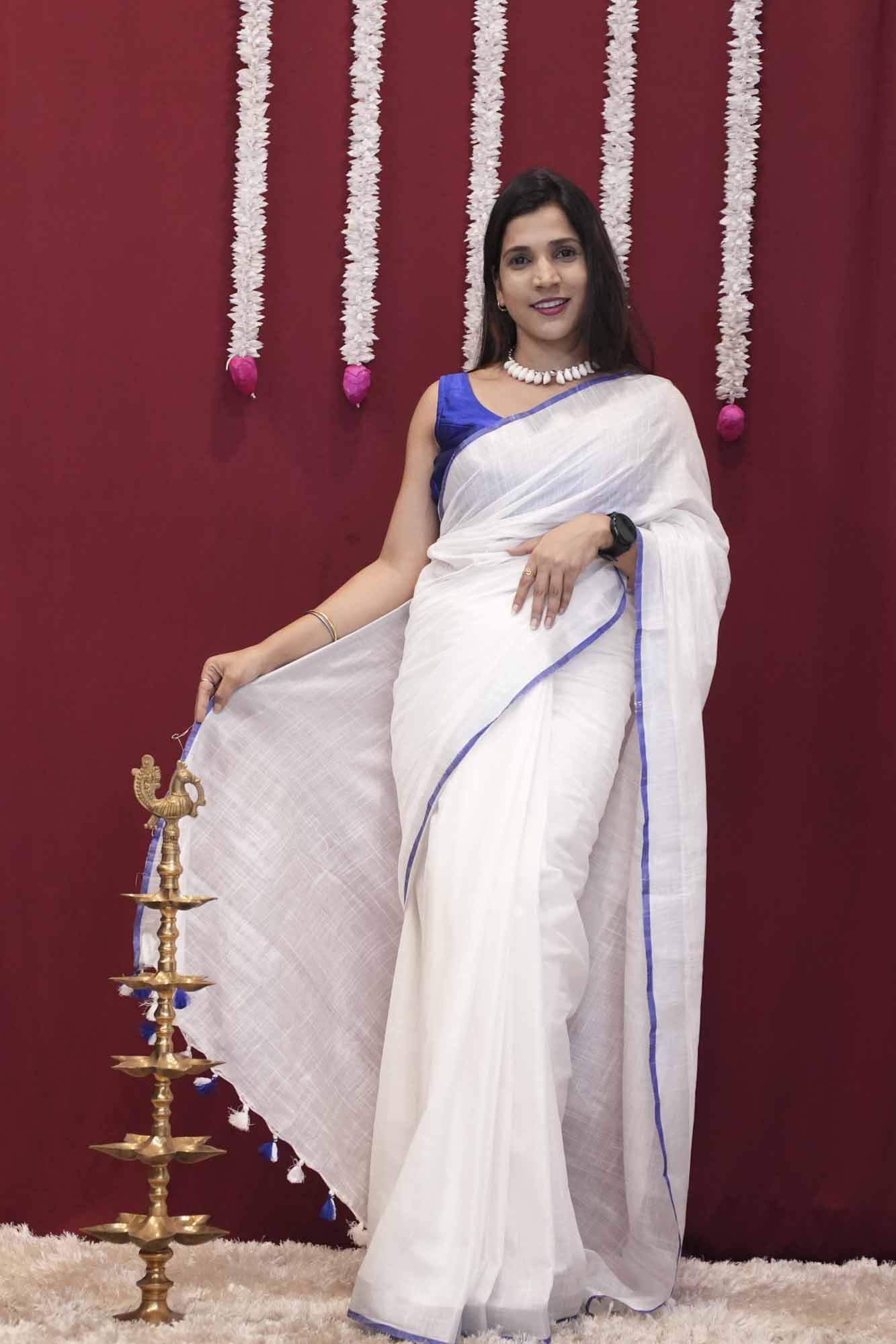 White Linen Cotton with Royal Blue Border & Tassel Pallu Ready To Wear Saree