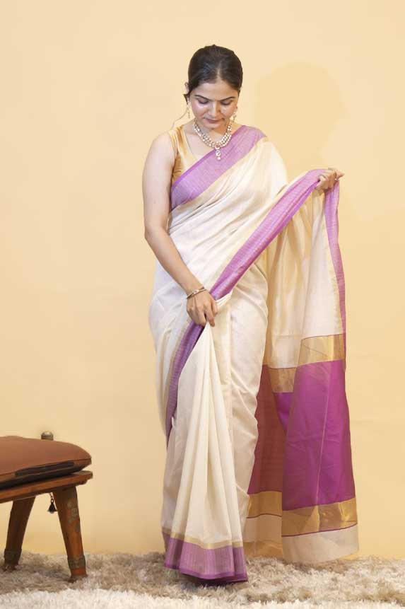 Onam Special Off-White Cotton Striped  Woven Border  Ready To Wear Saree
