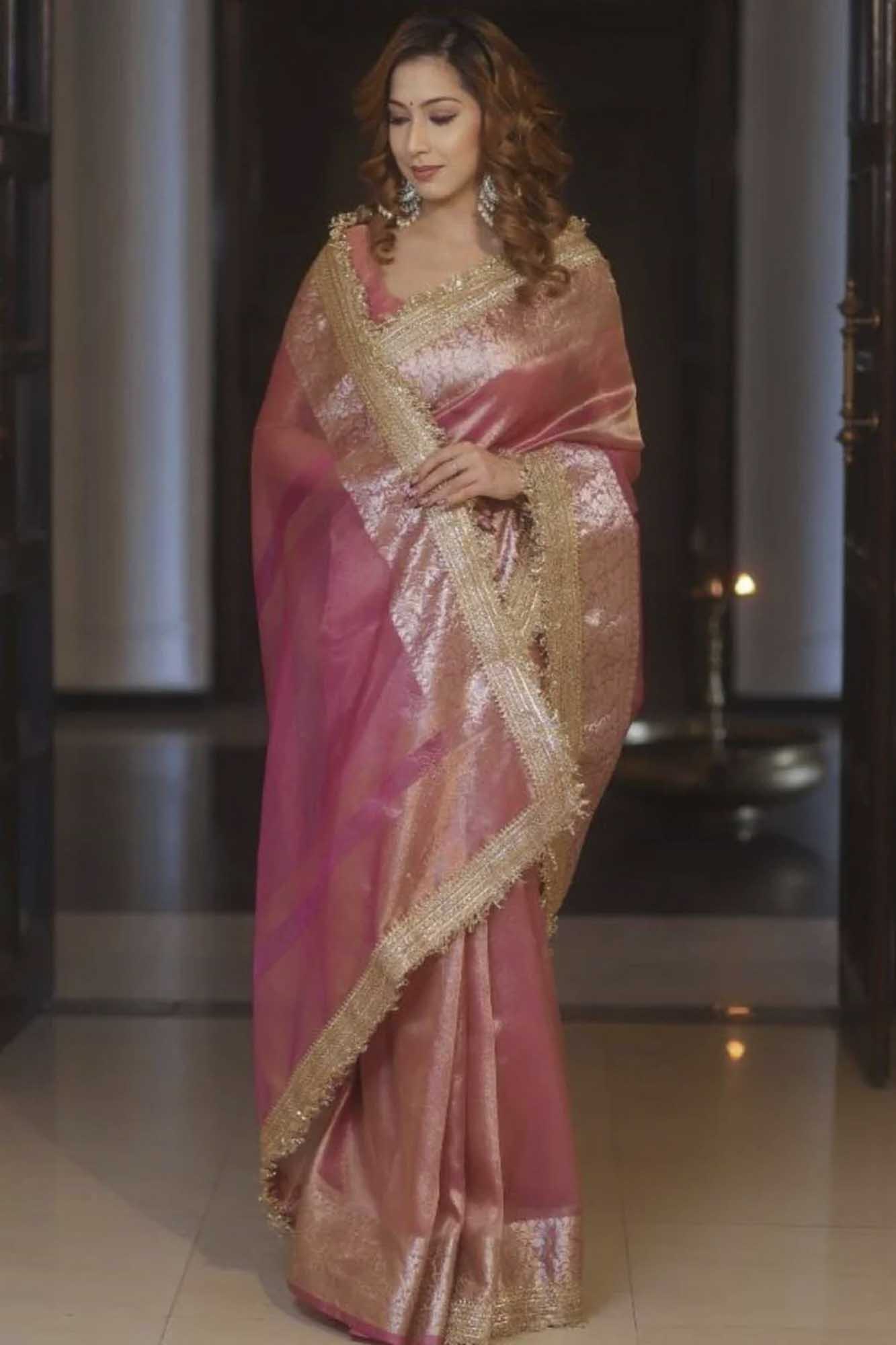 Soft Tissue Silk Ready to wear Saree with Golden Zari and Shimmering Embellishments
