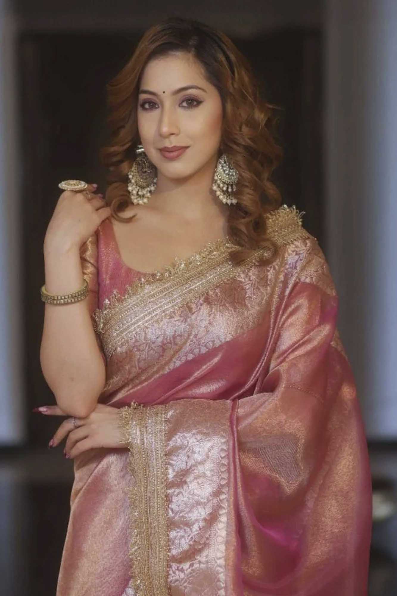 Soft Tissue Silk Ready to wear Saree with Golden Zari and Shimmering Embellishments