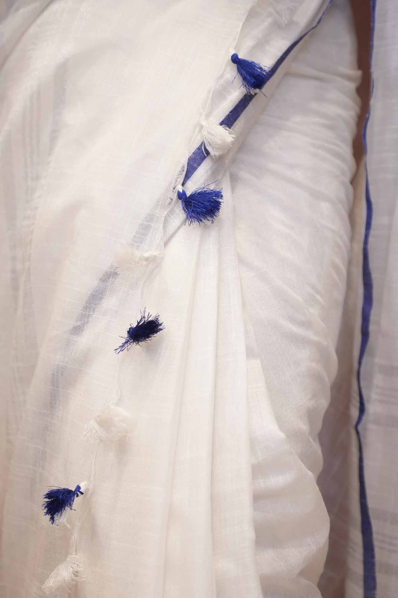 White Linen Cotton with Royal Blue Border & Tassel Pallu Ready To Wear Saree