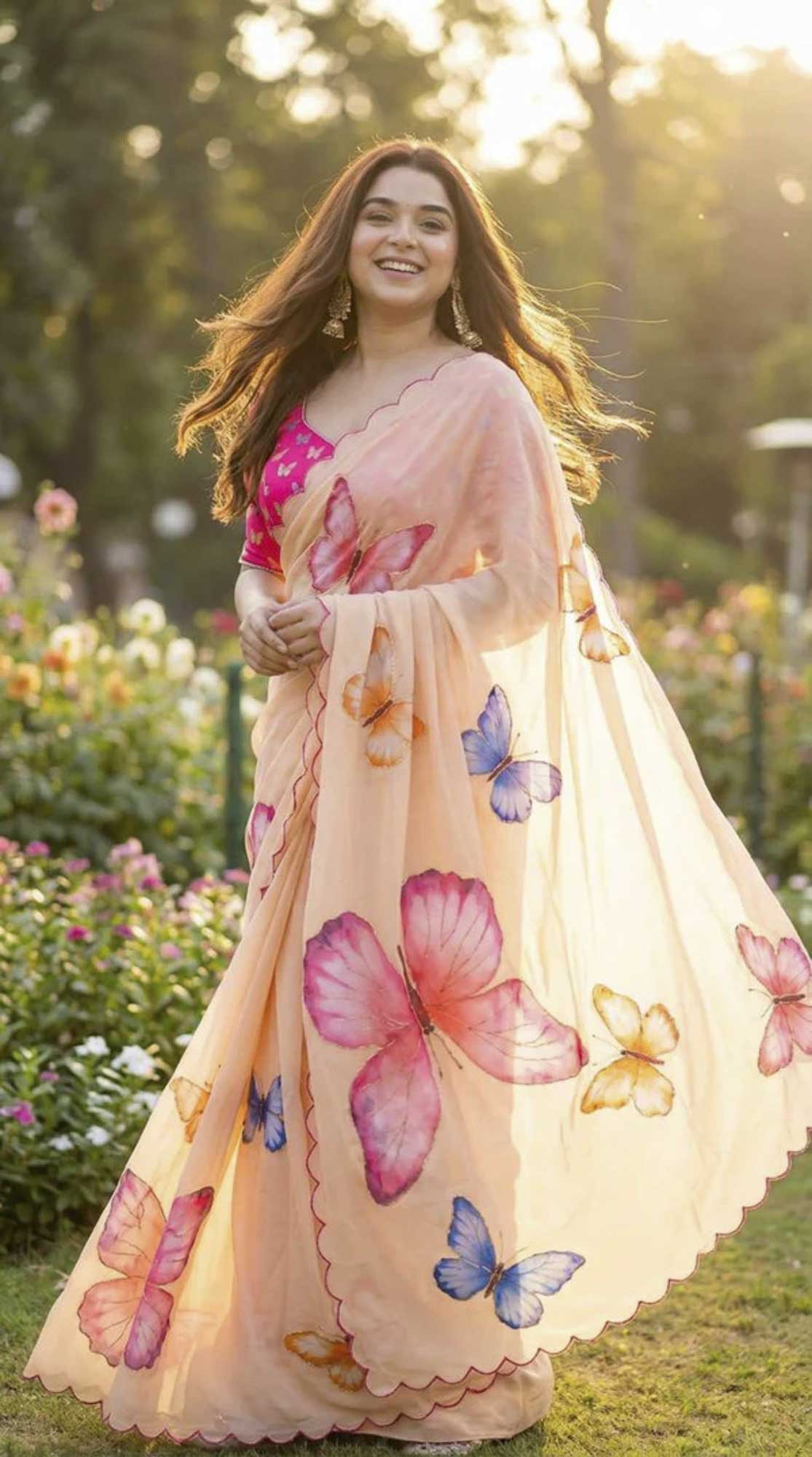 Peach Butterfly Printed Georgette Ready To Wear Saree