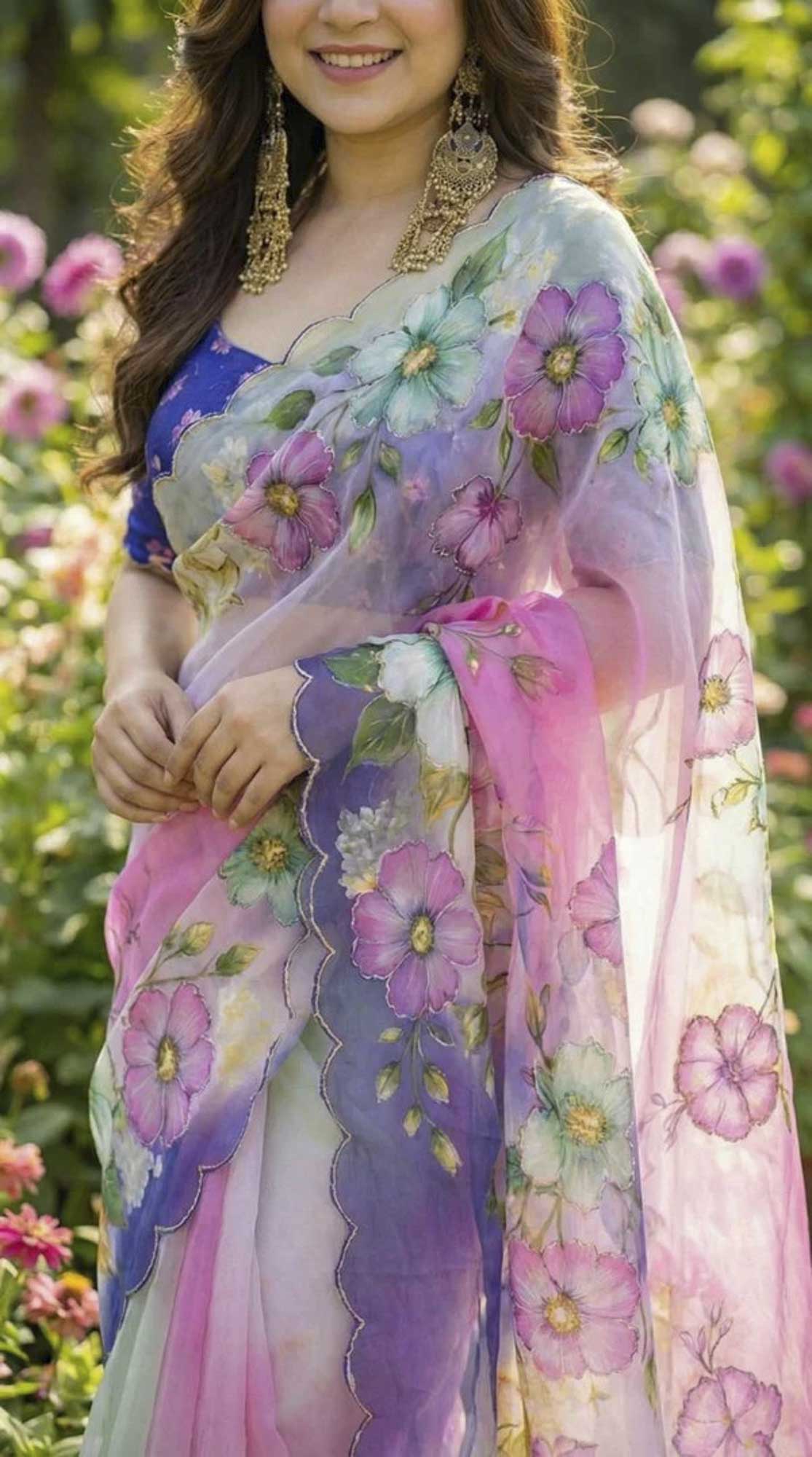 Pastel Ombre Floral With fency arri work Ready To Wear Saree