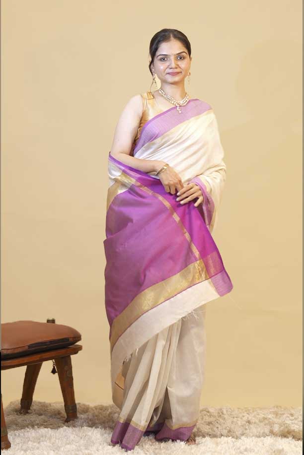 Onam Special Off-White Cotton Striped  Woven Border  Ready To Wear Saree