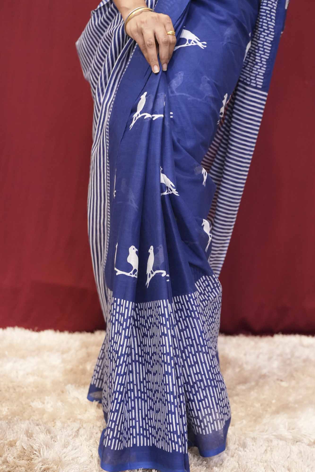 Blue Bird Print Cotton with Striped Pallu  Ready to Wear Saree