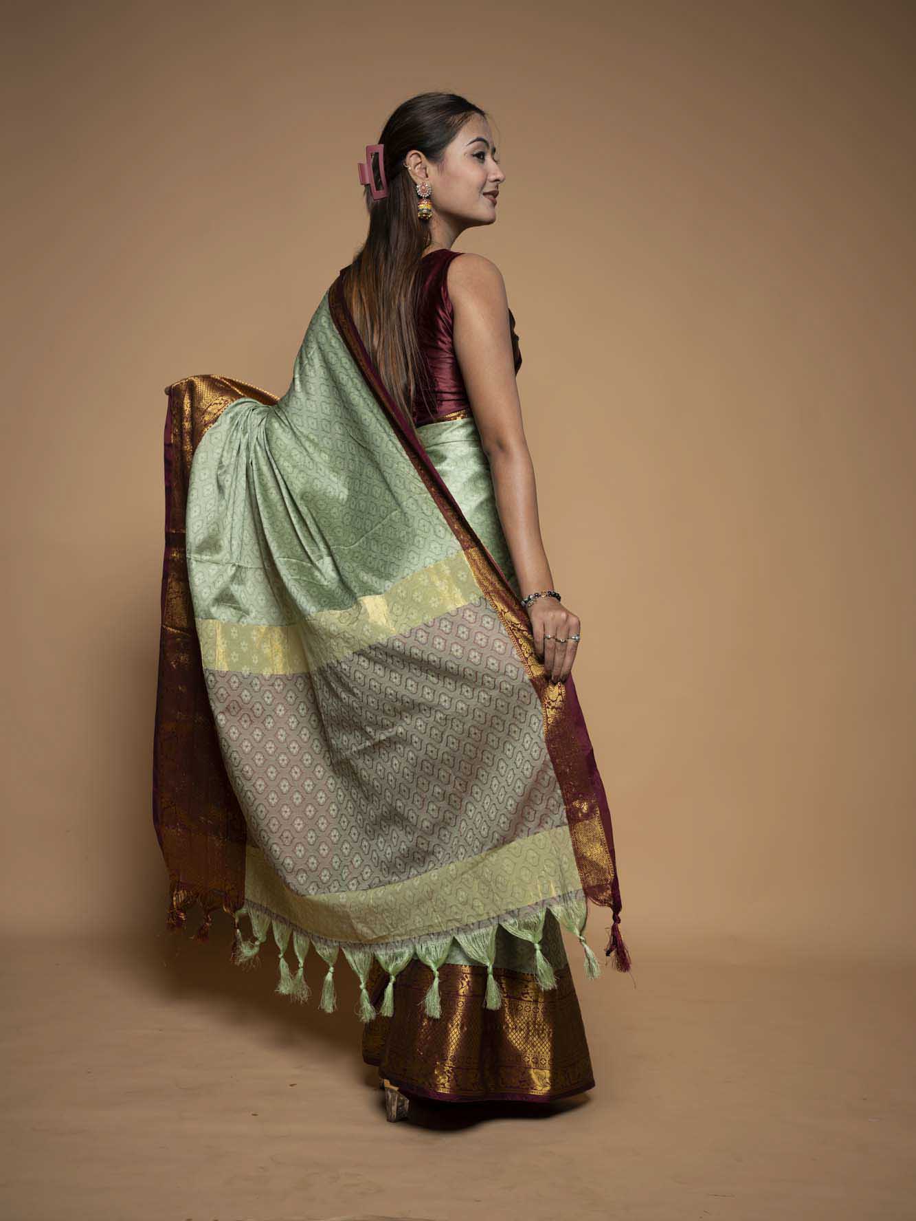 Graceful Mint Green Silk  with Rich Zari Border Ready To Wear Saree
