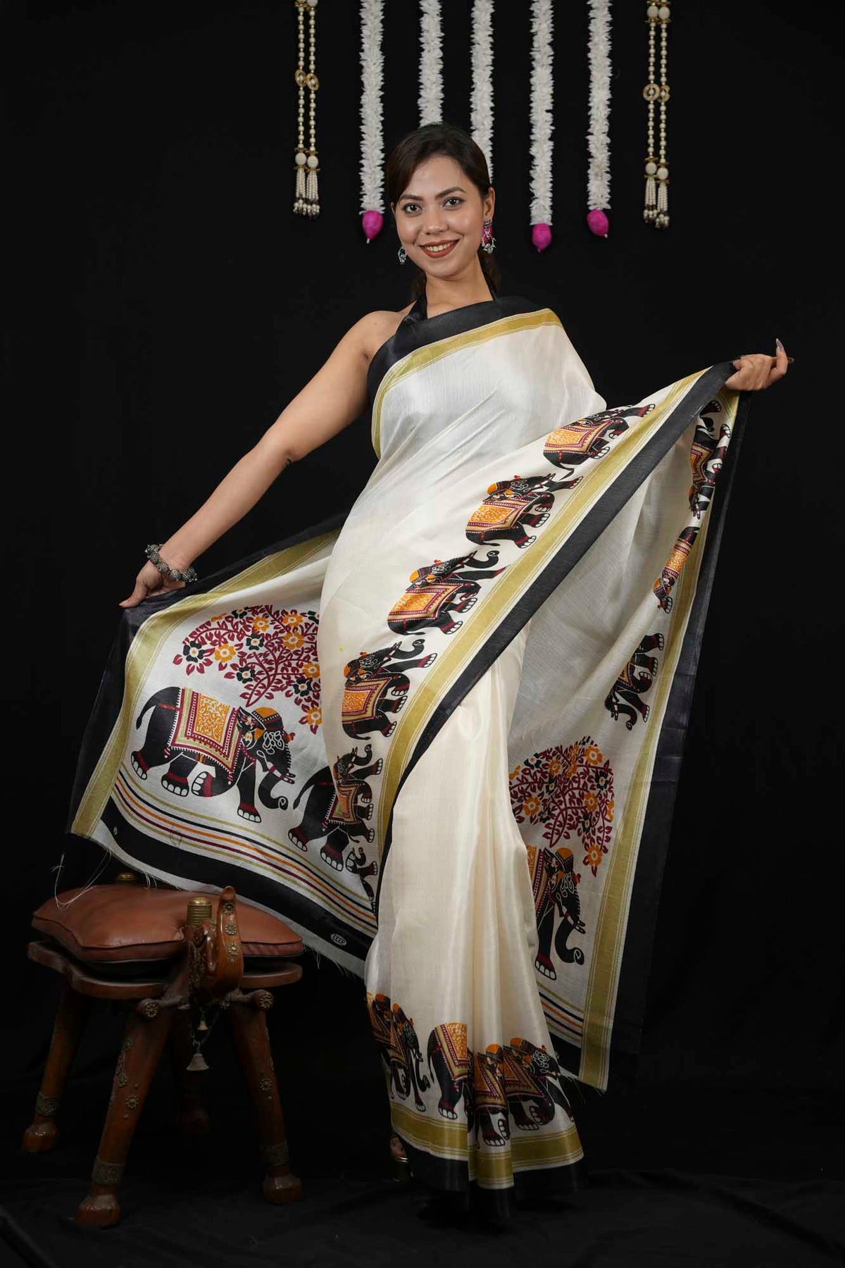 Elegant Off-White Cotton Silk  with Traditional Elephant Print Border Ready To Wear Saree
