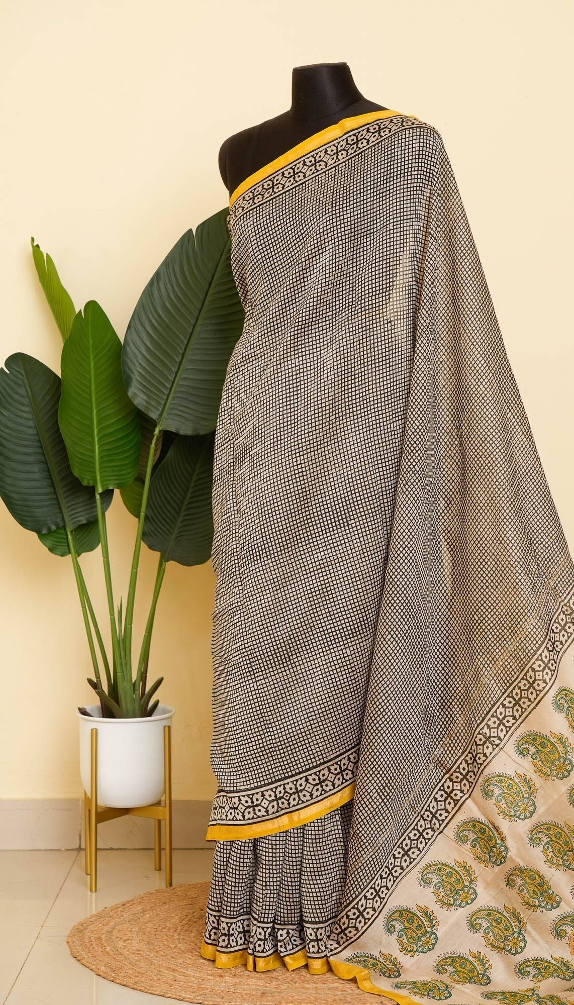 White Black Bagru Handblock printed Chanderi Silk Cotton Saree Check Mate | Shobitam