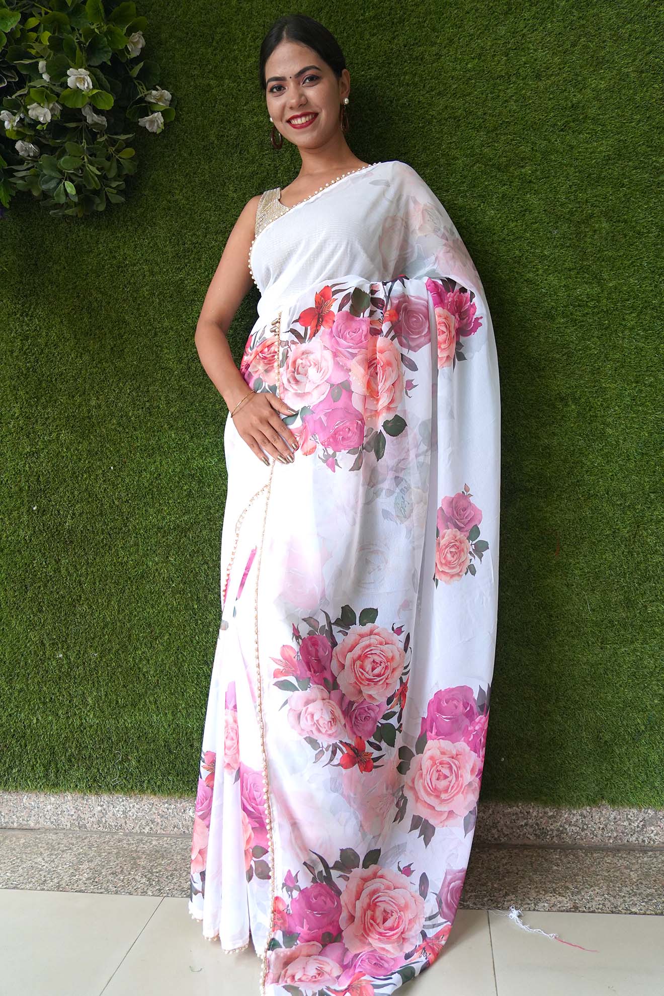 Ready to wear Georgette Floral Printed Saree with Moti Lace Wrap in 1 minute Saree with Readymade Blouse - Isadora Life