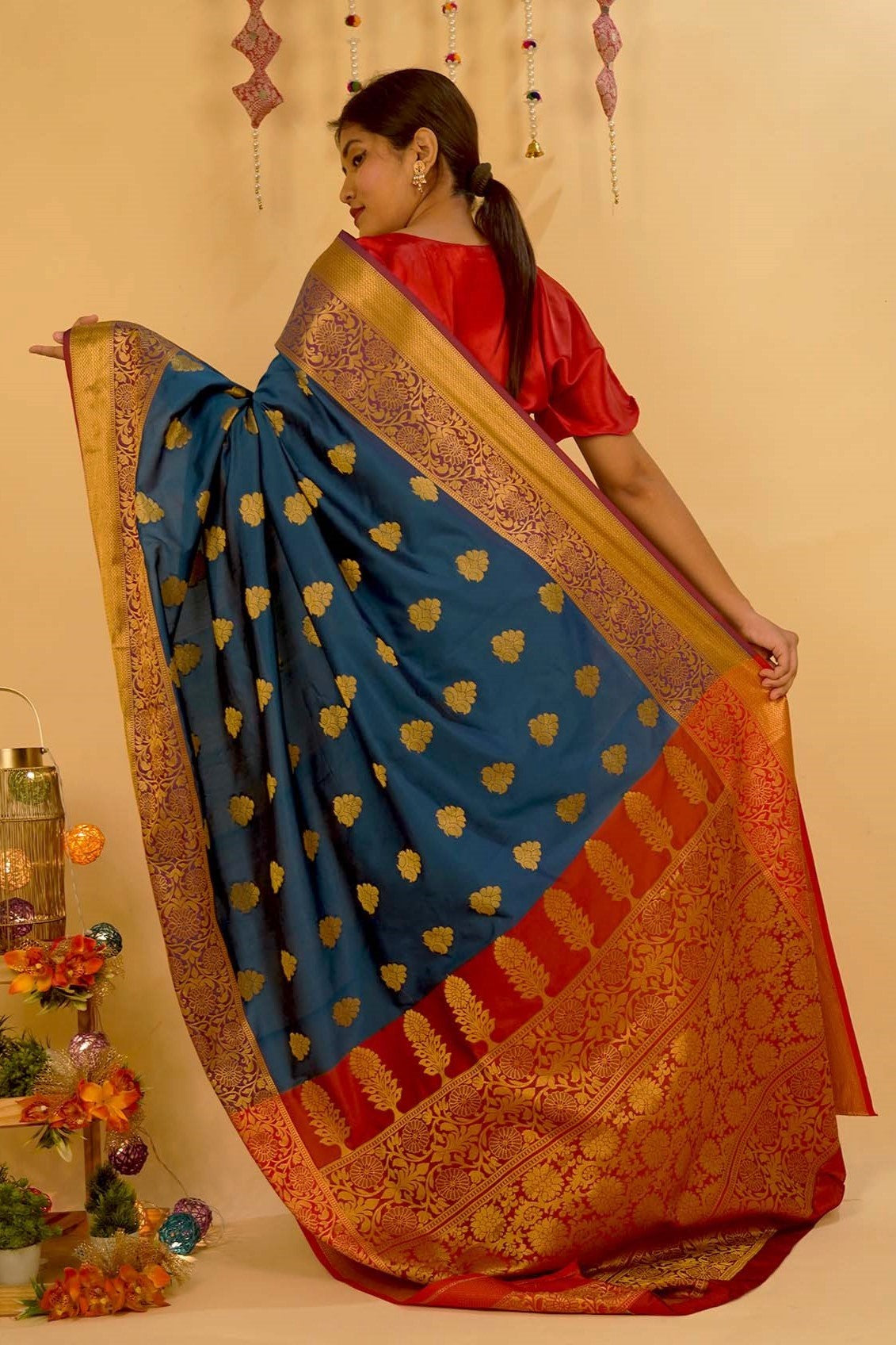 Turquoise blue kanchipuram wrap in 1 minute saree - Isadora Life