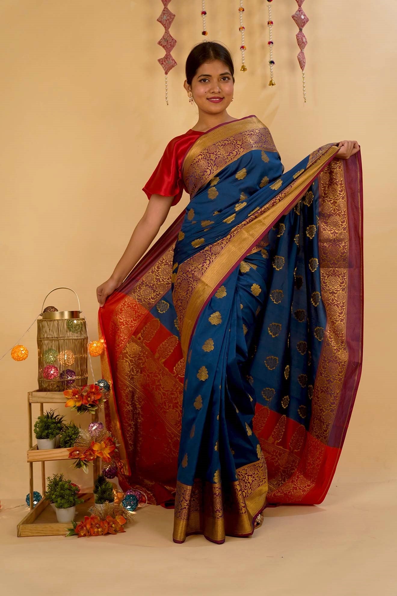 Turquoise blue kanchipuram wrap in 1 minute saree - Isadora Life