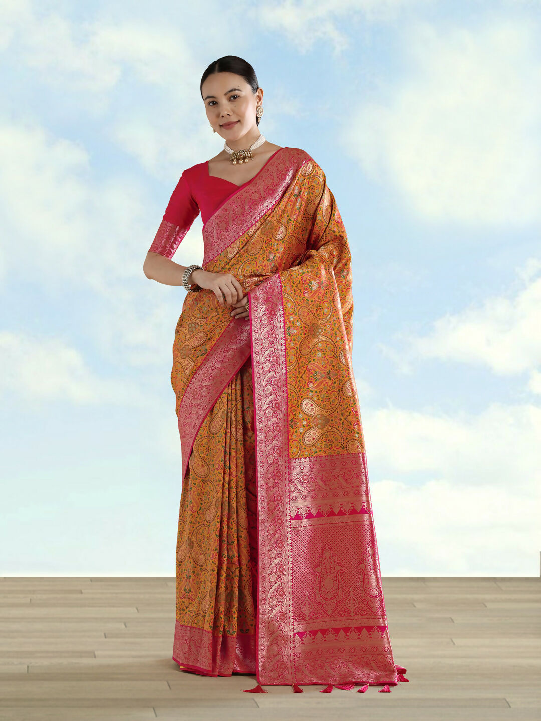 Mustard Banarasi Semi Silk Saree With Traditional Paisley Weaves | Shobitam