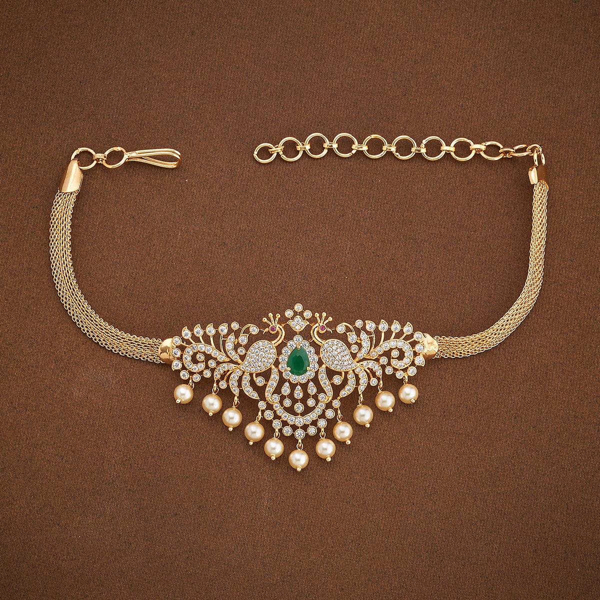 Twin Peacock Cz Stone  Bajuband with Dangling Beads and Adjustable Chain, Single piece | SHOBITAM