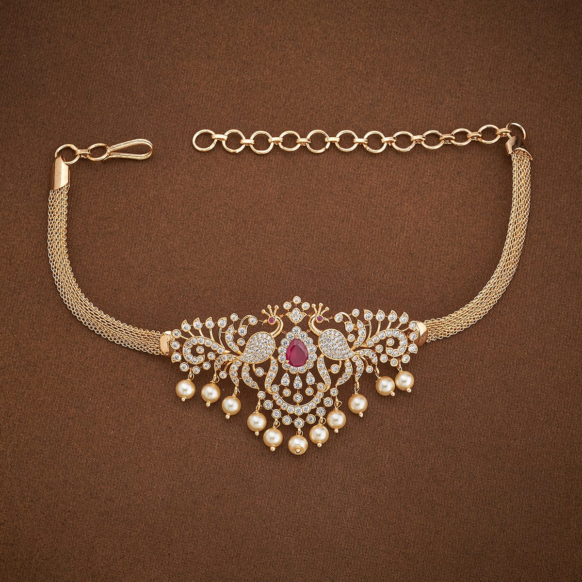 Twin Peacock Cz Stone  Bajuband with Dangling Beads and Adjustable Chain, Single piece | SHOBITAM