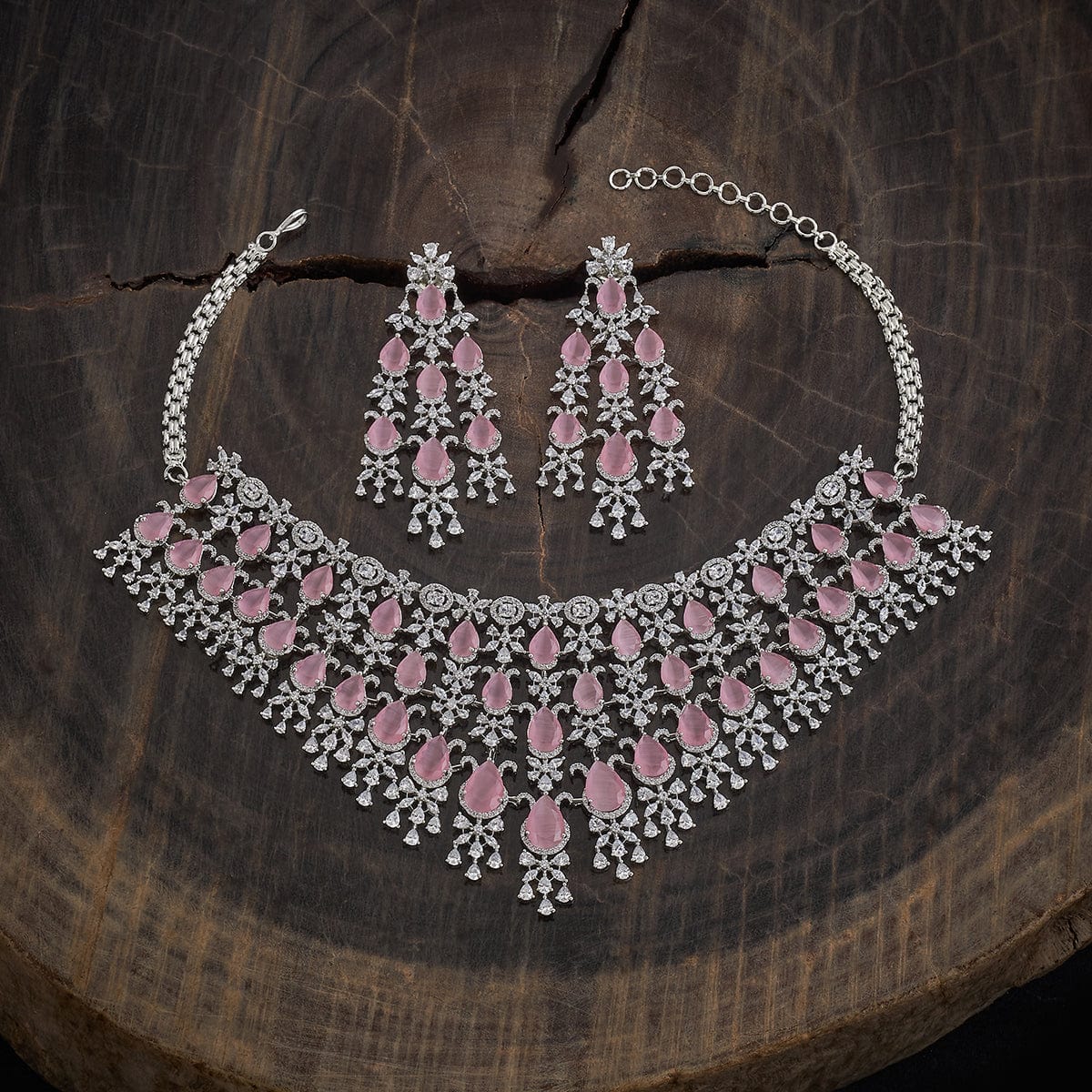 Rhodium-Plated CZ-Studded and Pink Beaded Necklace Set | SHOBITAM