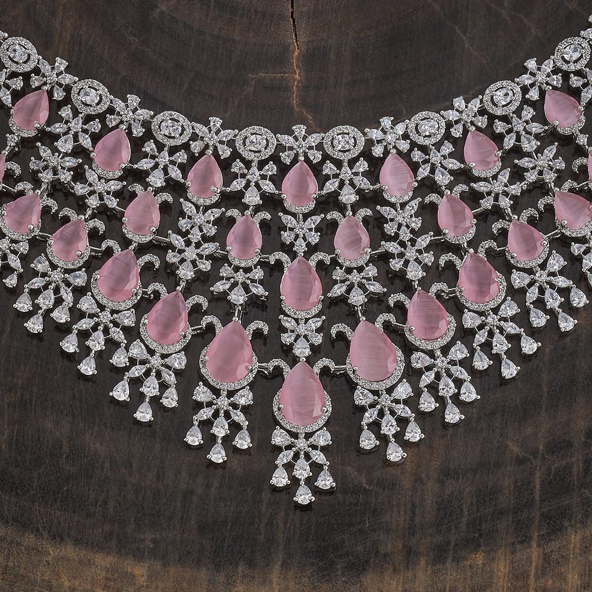 Rhodium-Plated CZ-Studded and Pink Beaded Necklace Set | SHOBITAM
