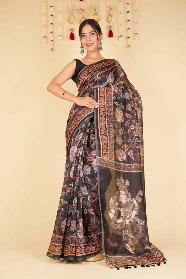 Ready To Wear Elegant Black Kalamkari Printed Cotton Linen Wrap in 1 minute saree With Readymade Blouse - Isadora Life Online Shopping Store