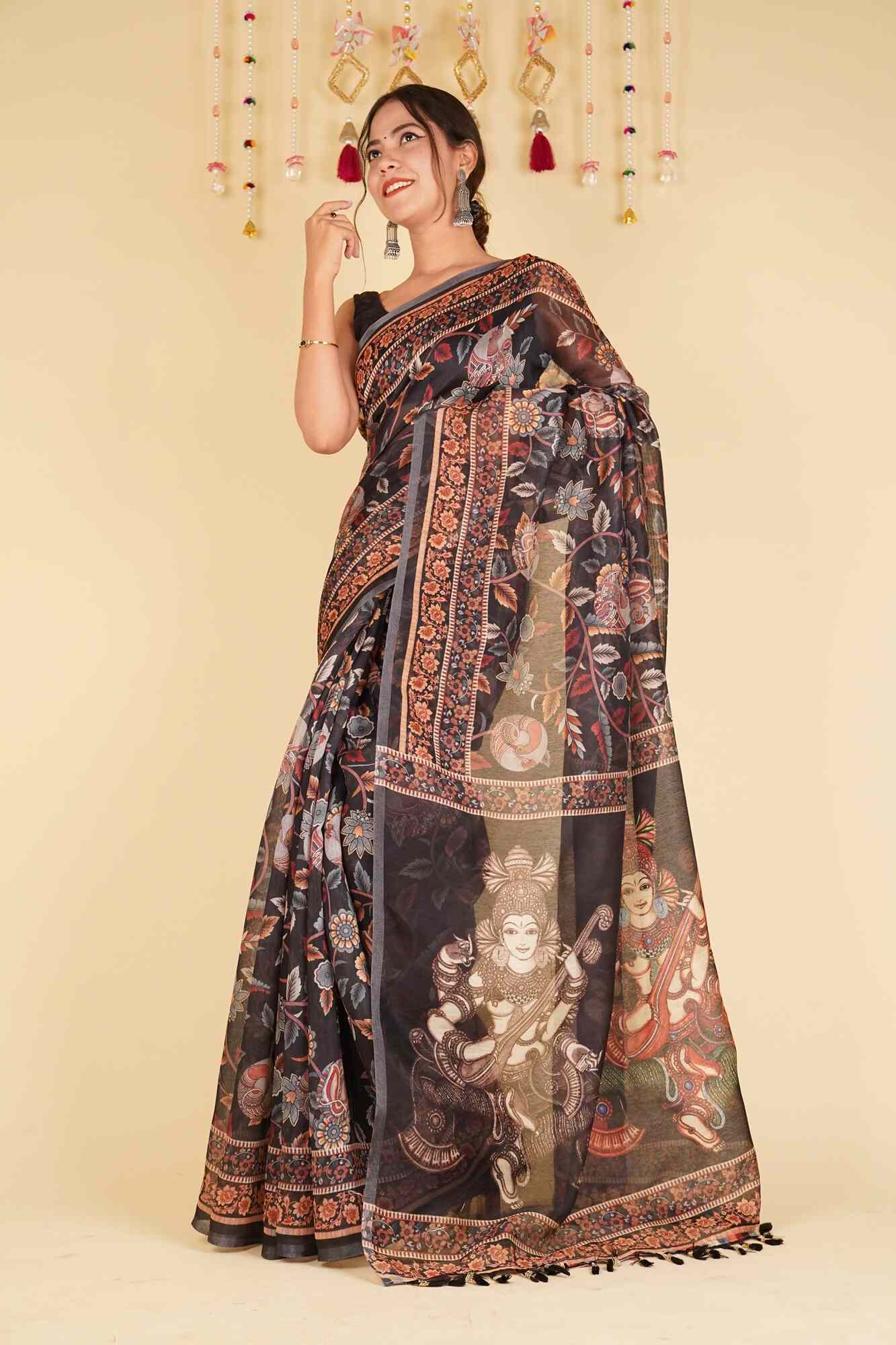 Ready To Wear Elegant Black Kalamkari Printed Cotton Linen Wrap in 1 minute saree With Readymade Blouse - Isadora Life Online Shopping Store