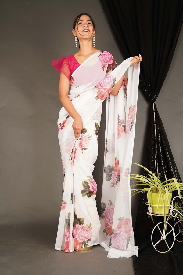 Wrap in 1 Minute White With Pink Floral Georgette ready to wear saree with ready made blouse - Isadora Life Online Shopping Store