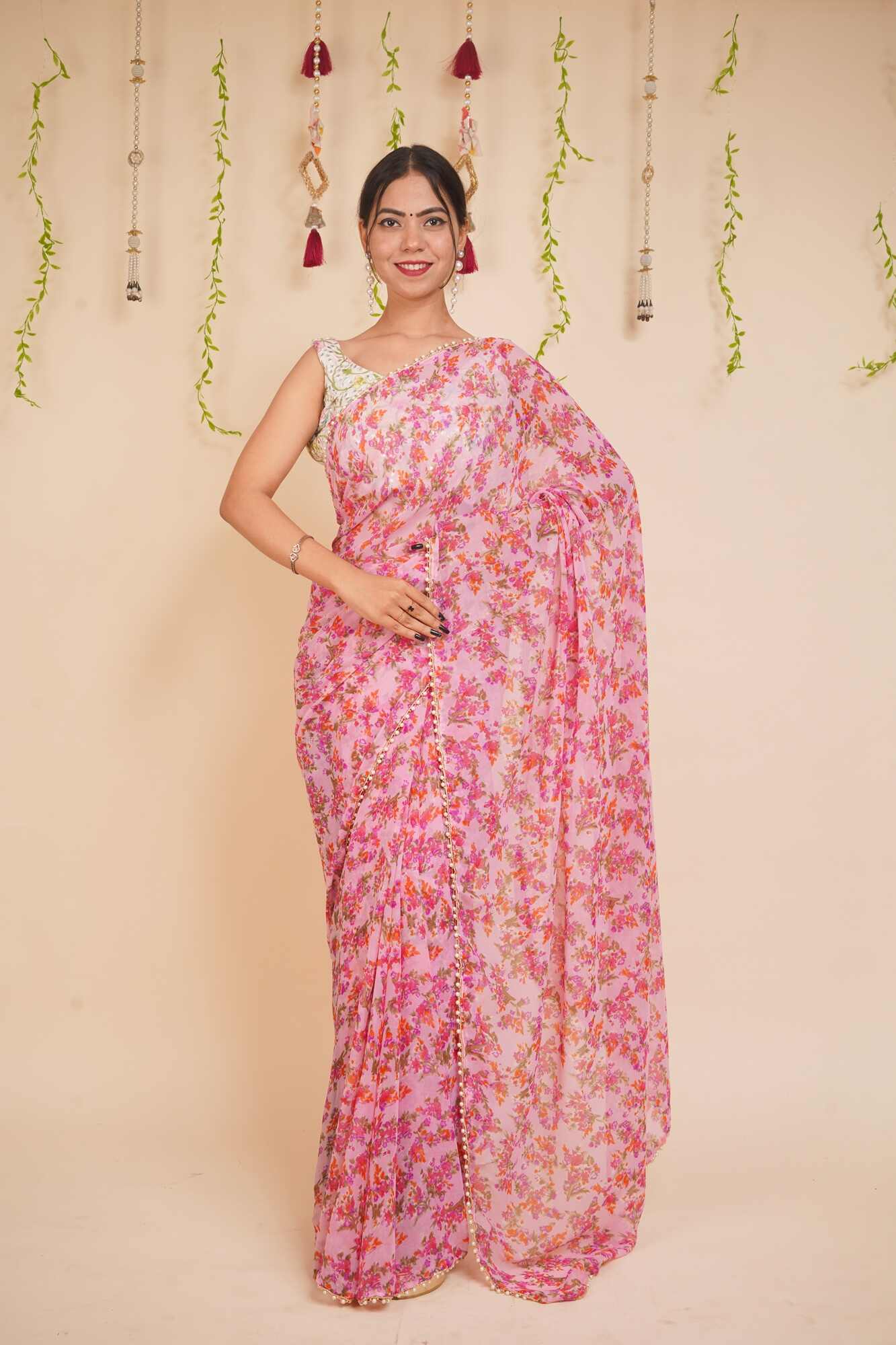 Appealing Pink Georgette Floral Printed Saree with Moti Lace Wrap in 1 minute Saree with Readymade Blouse - Isadora Life Online Shopping Store