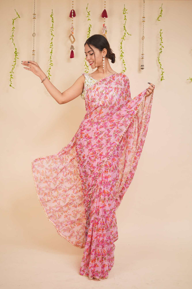 Appealing Pink Georgette Floral Printed Saree with Moti Lace Wrap in 1 minute Saree with Readymade Blouse - Isadora Life Online Shopping Store