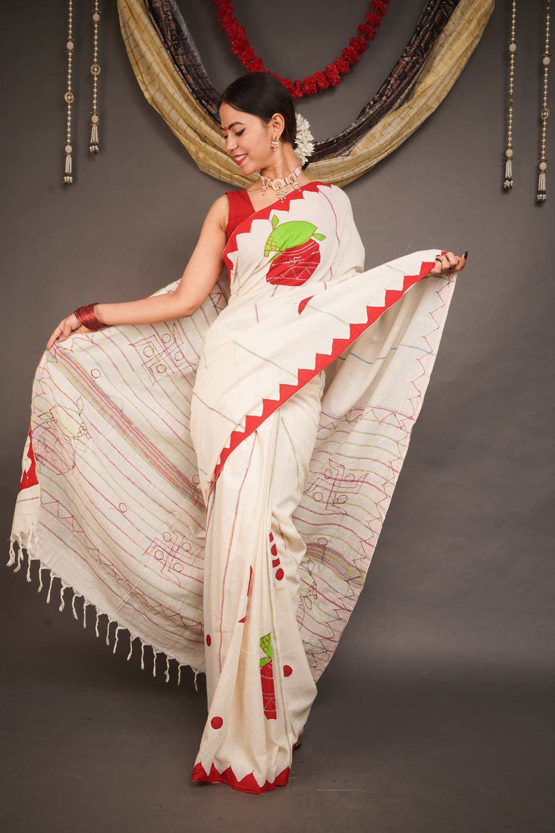Off-White Cotton Khesh With Red Applique Work Wrap in 1 minute Saree with Readymade Blouse - Isadora Life Online Shopping Store