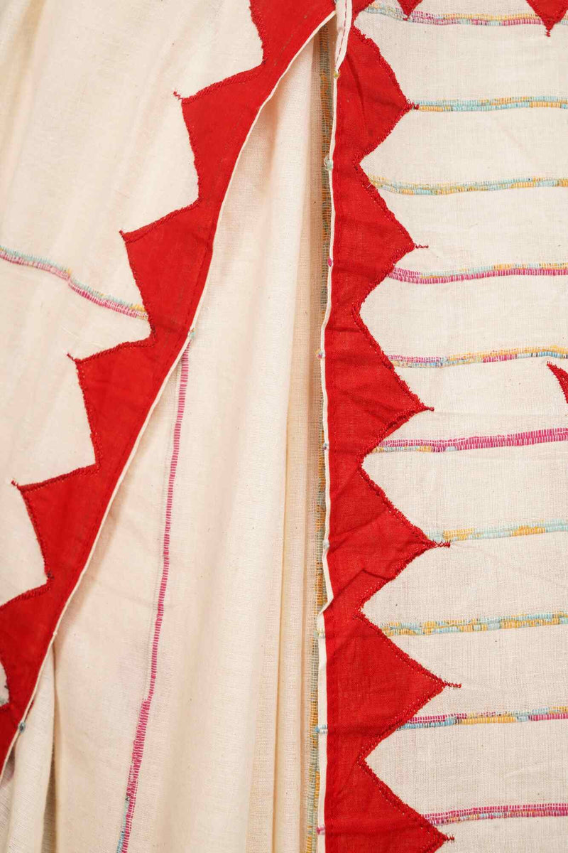 Off-White Cotton Khesh With Red Applique Work Wrap in 1 minute Saree with Readymade Blouse - Isadora Life Online Shopping Store