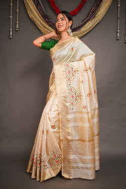 Ready to Wear Kerala Kasavu Embroidered Cotton Silk Wrap in 1 minute Saree with Readymade Blouse - Isadora Life Online Shopping Store