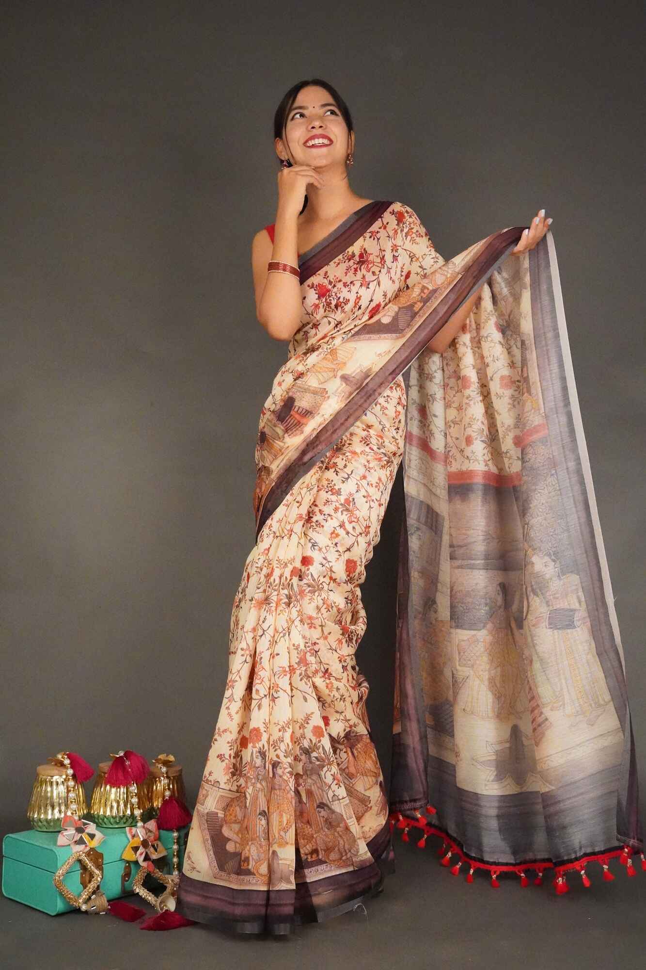 Ready To Wear Elegant Beige Kalamkari Printed Cotton Linen Wrap in 1 minute saree - Isadora Life Online Shopping Store